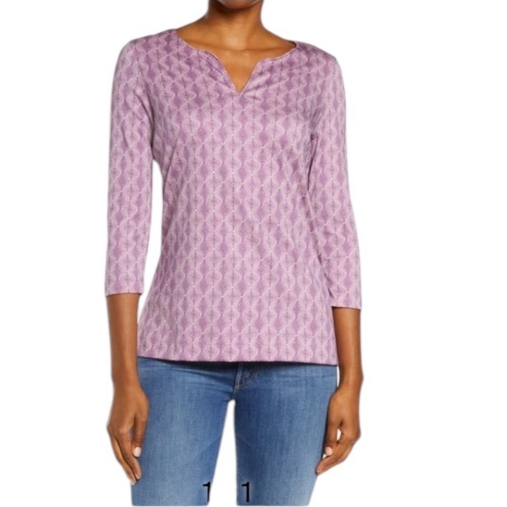 LL BEAN SUMMER SPLIT 3/4 SLEEVE SUPIMA COTTON TUNIC IN VIOLET GEO S